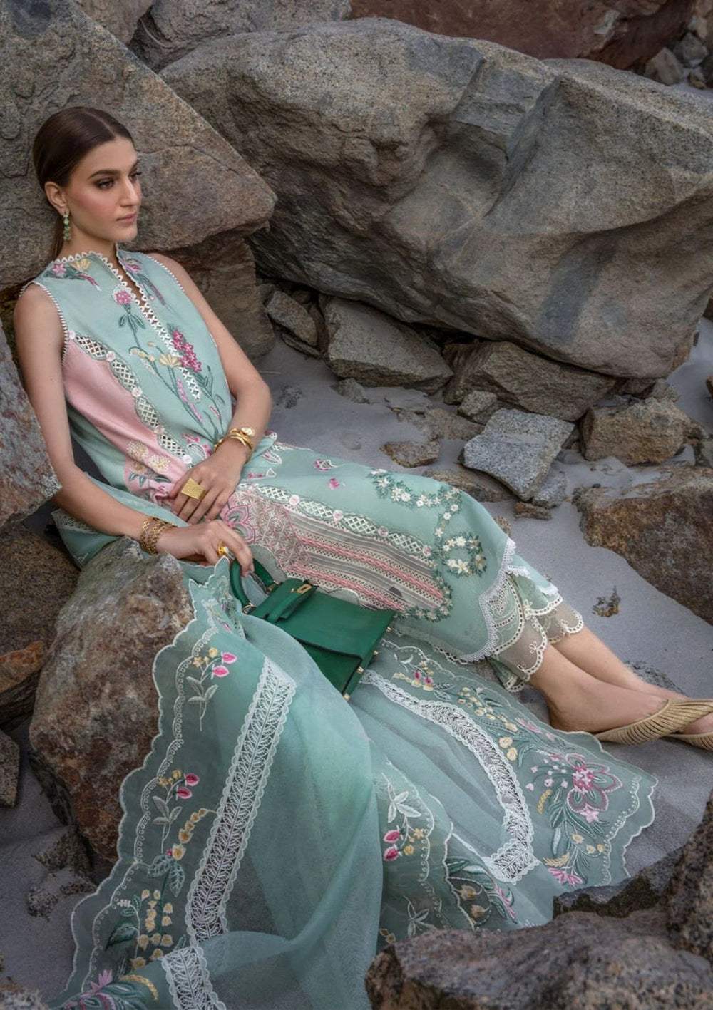 Mint & Baby Pink: Embroidered Lawn Suit With Organza Dupatta | Ready To Wear
