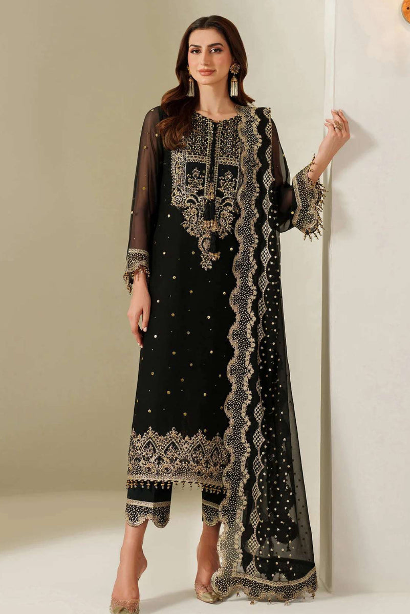 Jet Black Luxury Chiffon Embroidered 3-Piece Suit | Ready to Wear