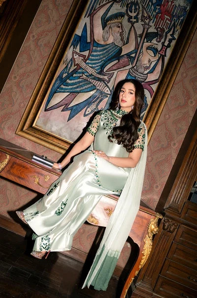 Mint Ice Metallic & Jewel Emerald: Embroidered Silk Suit | Ready To Wear