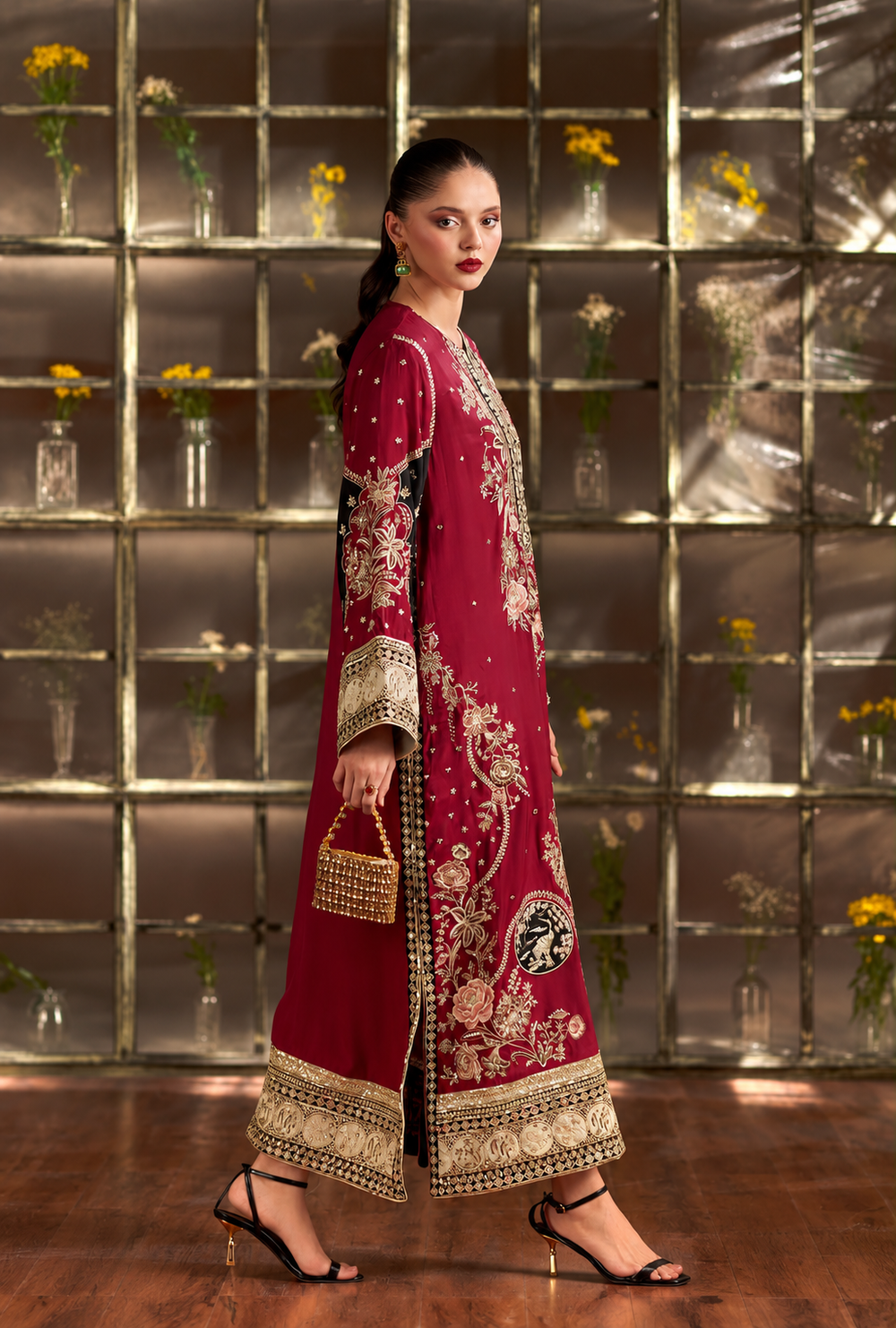 Maroon Embroidered Suit With Black Contrast | Ready To Wear