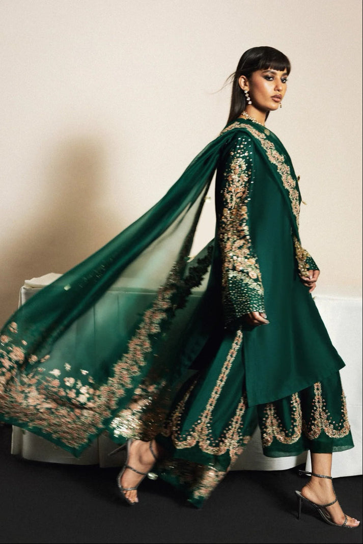 Emerald Green Raw Silk Embroidered 3-Piece Suit With Organza Dupatta | Ready To Wear