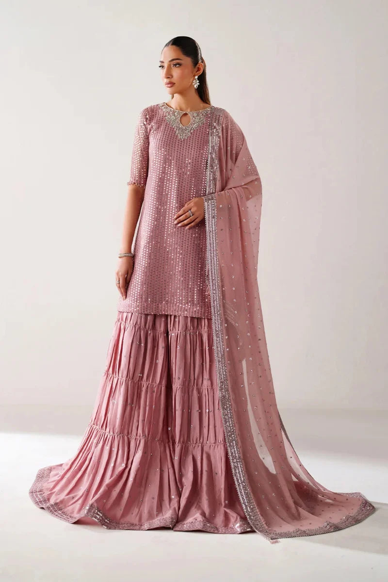 Dusty Rose & Silver Sparkle: Embroidered Chiffon Ghararah SUit | Ready To Wear