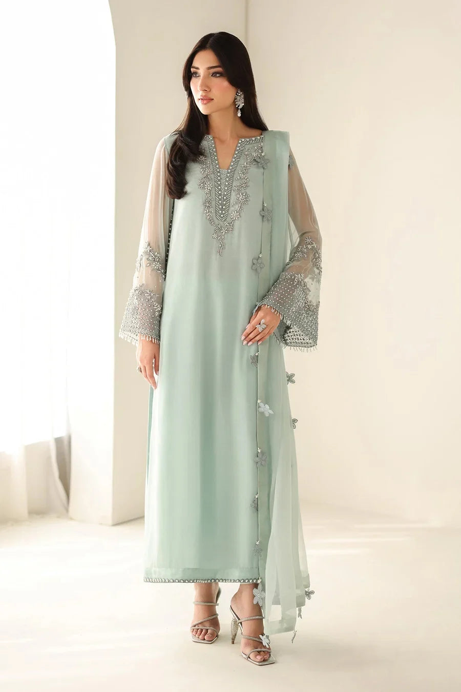Pastel Mint & Pearl Silver Accent: Embroidered Chiffon Suit | Ready To Wear