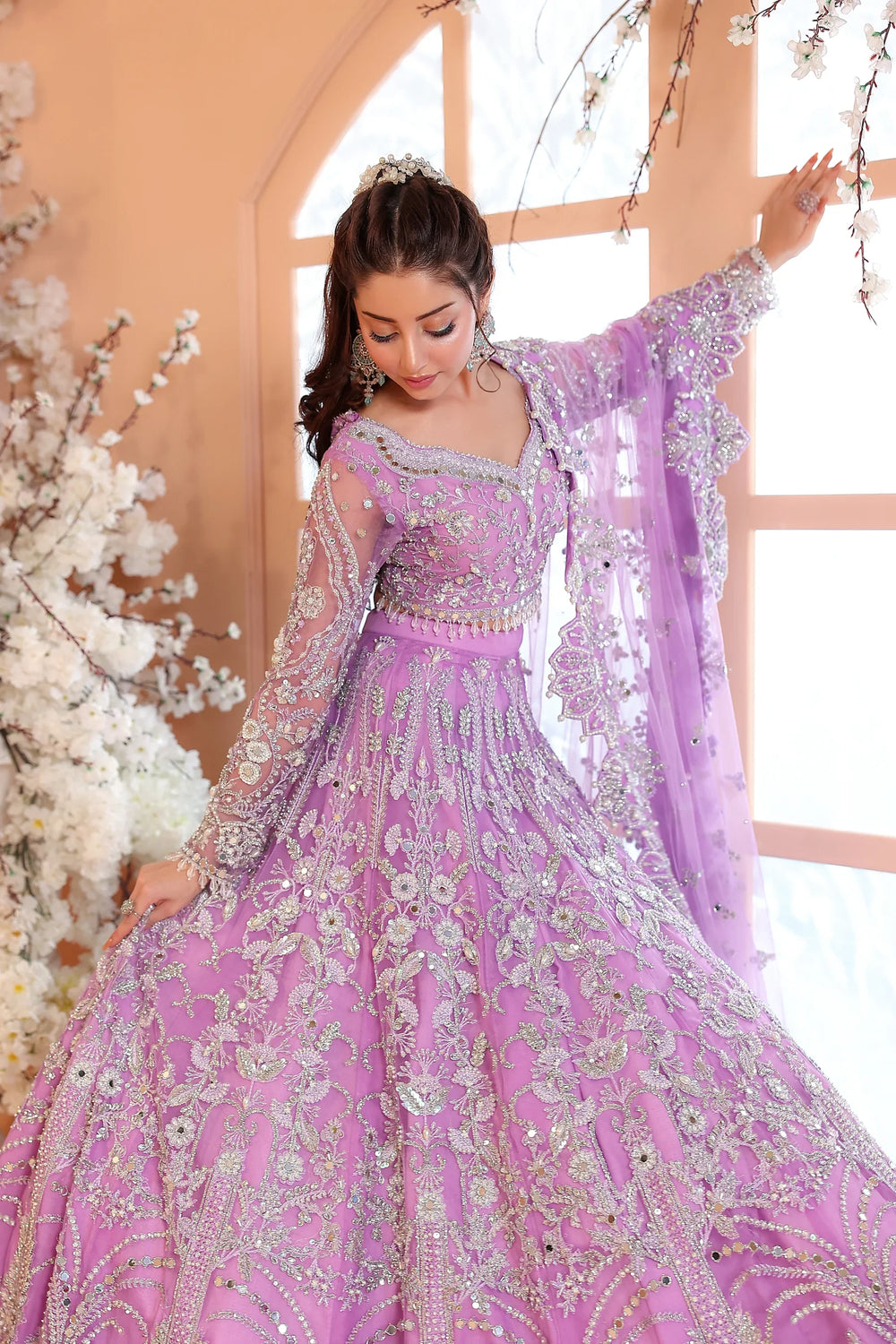 Pastel Lilac & Sparkling Silver: Embroidered Net Bridal Lenge Choli | Ready To Wear