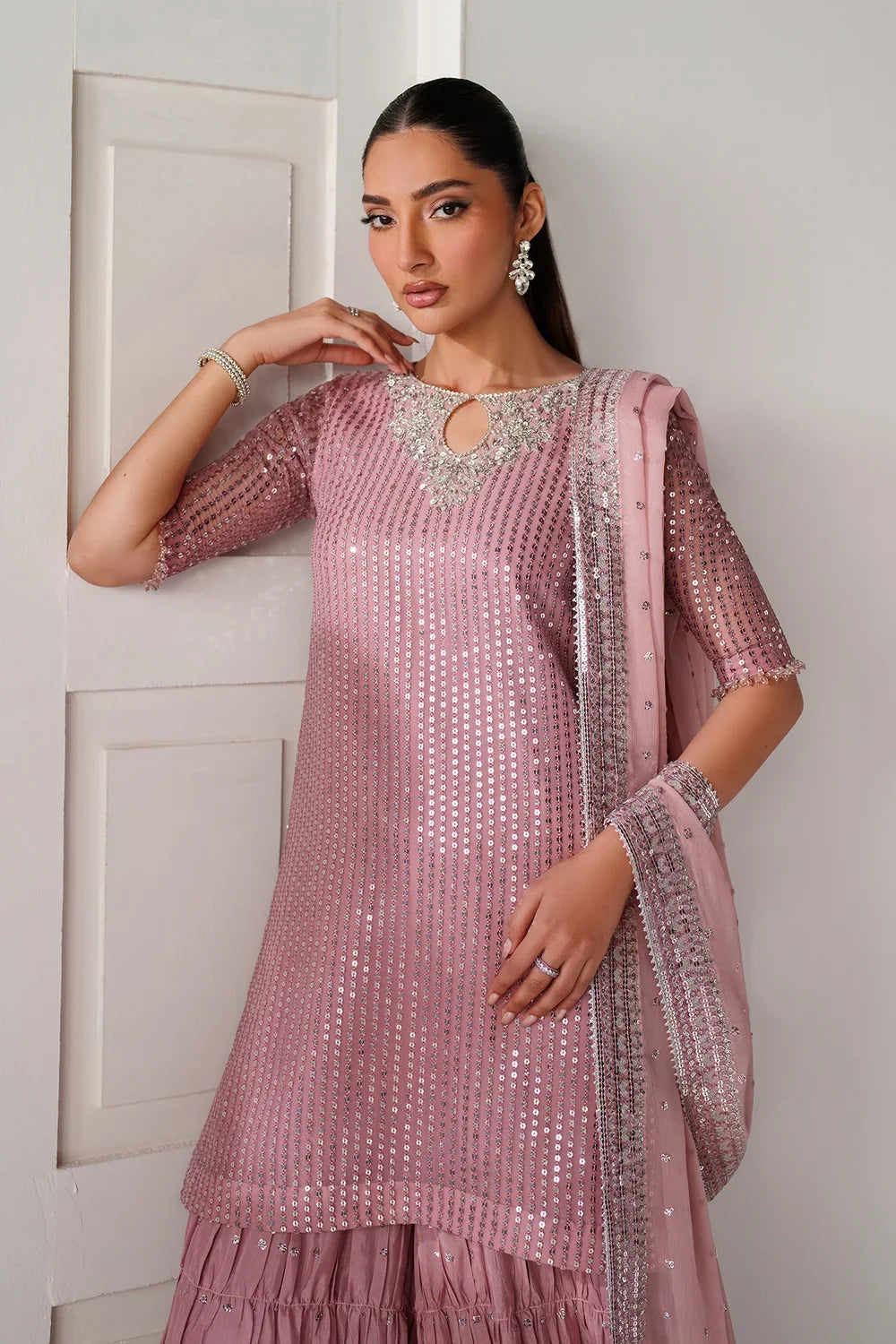 Dusty Rose & Silver Sparkle: Embroidered Chiffon Ghararah SUit | Ready To Wear