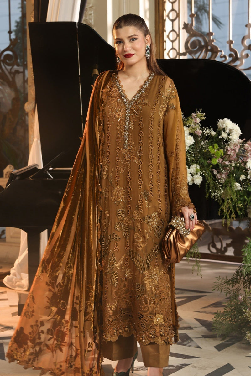 Ochre Brown Chiffon Heavy Embroidered 3-Piece suit | Ready to Wear