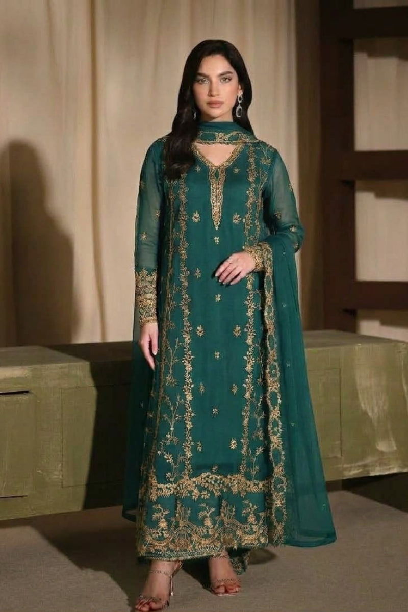 Emerald Green Chiffon Heavy Embroidered 3-Piece suit | Ready to Wear