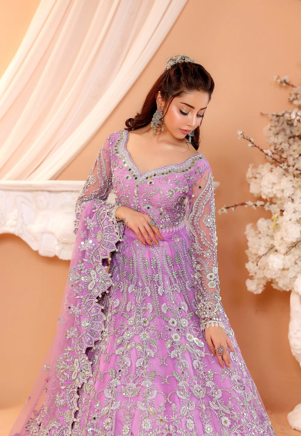 Pastel Lilac & Sparkling Silver: Embroidered Net Bridal Lenge Choli | Ready To Wear