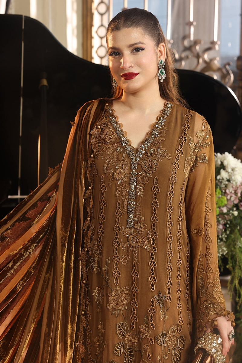 Ochre Brown Chiffon Heavy Embroidered 3-Piece suit | Ready to Wear