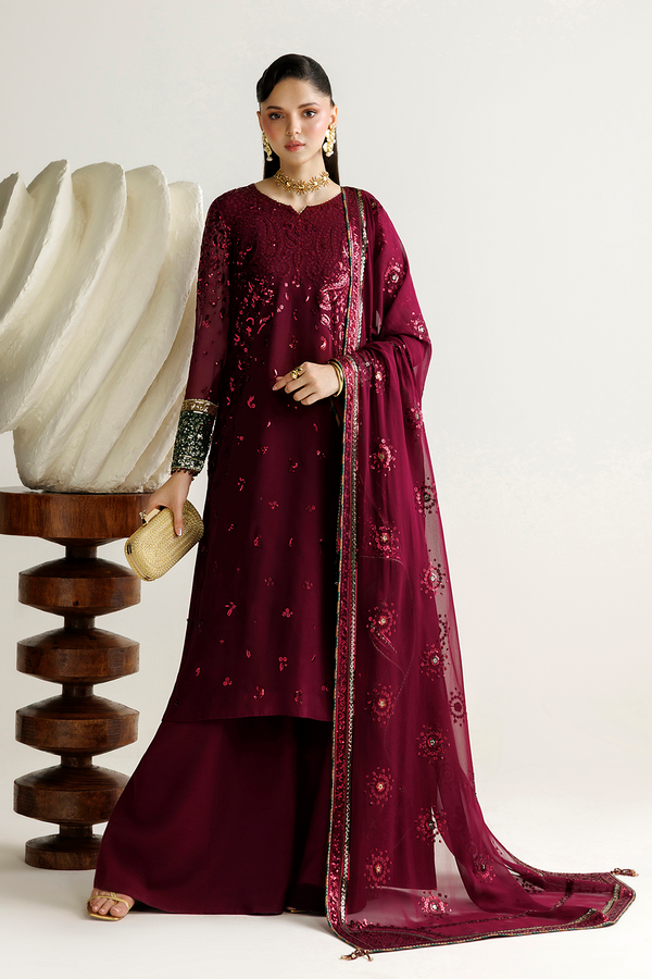 Maroon Semi Pure Chiffon 3 piece suit | Ready To Wear