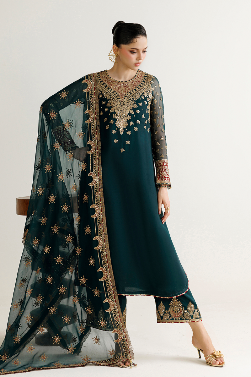 Teal Green Luxury Chiffon Embroidered 3-Piece Suit | Ready to Wear