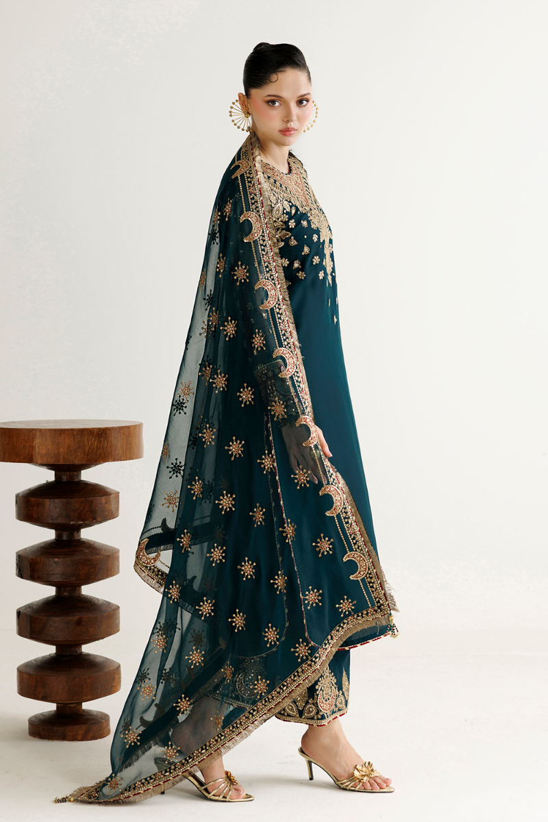 Teal Green Luxury Chiffon Embroidered 3-Piece Suit | Ready to Wear
