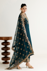 Teal Green Luxury Chiffon Embroidered 3-Piece Suit | Ready to Wear