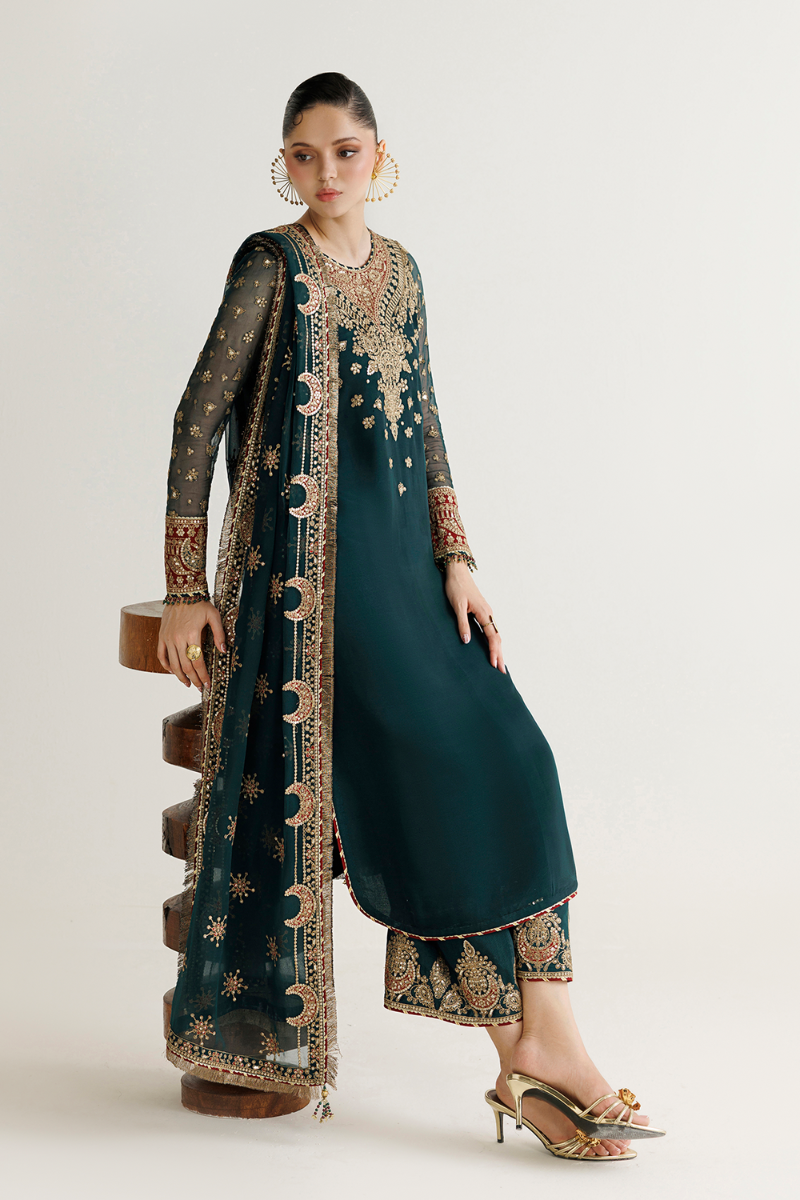 Teal Green Luxury Chiffon Embroidered 3-Piece Suit | Ready to Wear
