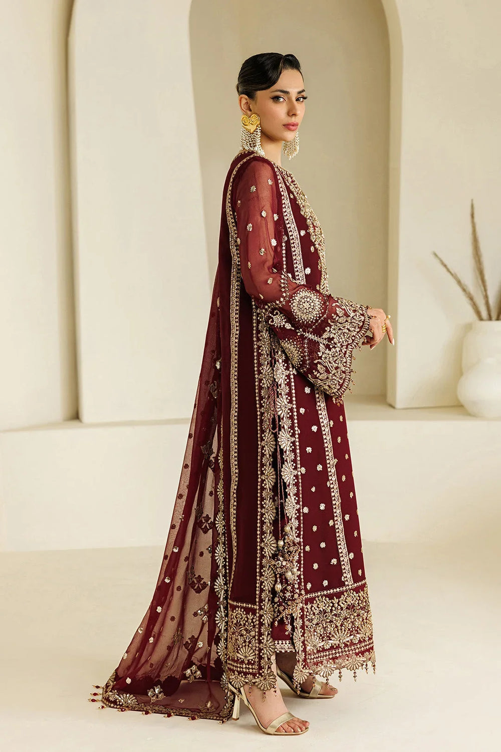 Rich Wine Red & Shimmering Gold: Chiffon Long Shirt Suit | Ready To Wear