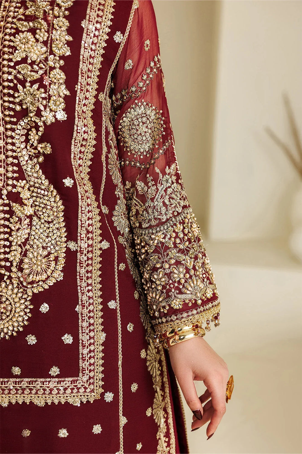 Rich Wine Red & Shimmering Gold: Chiffon Long Shirt Suit | Ready To Wear