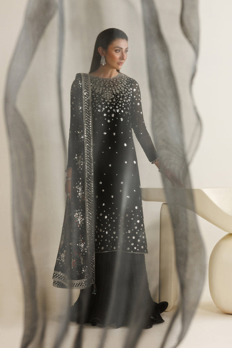 Black Chiffon Sequence Embroidered 3-Piece Suit | Ready to Wear