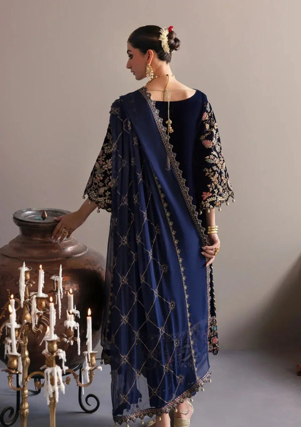 03-Piece Embroidered Velvet Suit With Chiffon Dupatta | Ready To Wear