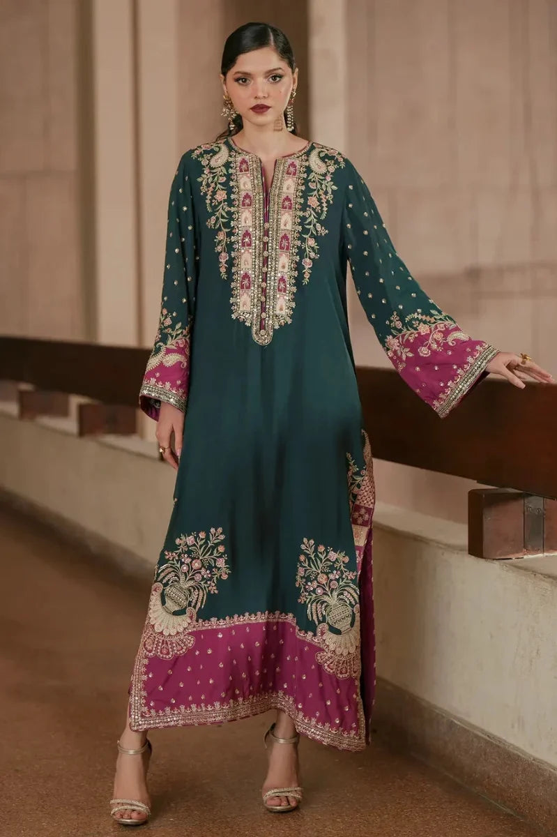 Deep Green & Magenta Pink Contrast: Embroidered Silk Kaftan | Ready To Wear