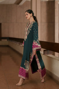 Deep Green & Magenta Pink Contrast: Embroidered Silk Kaftan | Ready To Wear