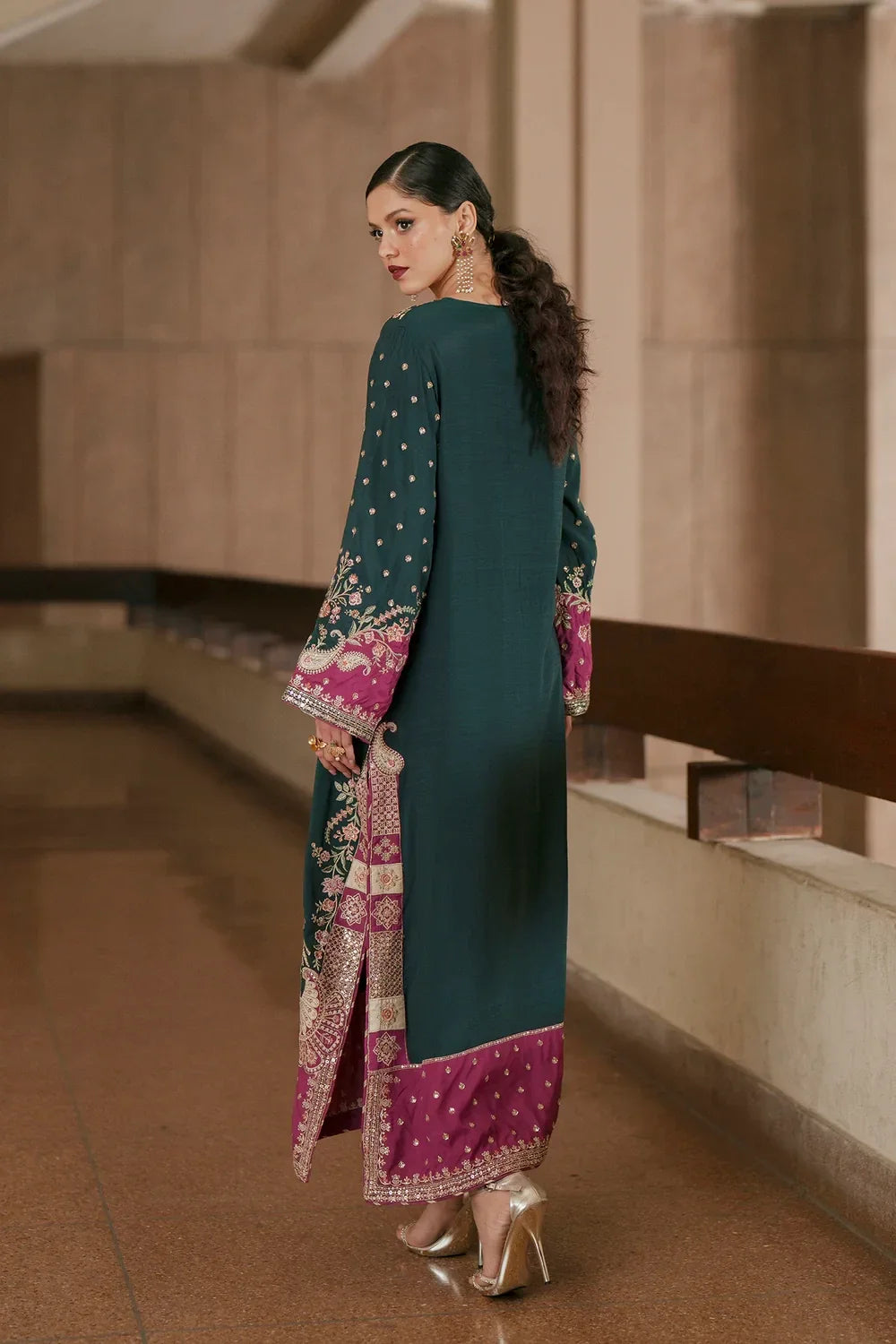 Deep Green & Magenta Pink Contrast: Embroidered Silk Kaftan | Ready To Wear