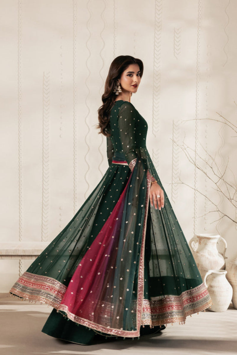 Emerald green Bridal Maxi  Chiffon & Malai with Heavy Zari Embroidery | Ready-to-Wear