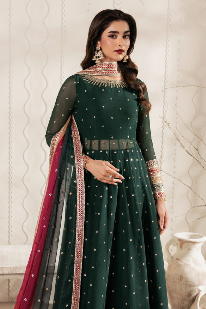 Emerald green Bridal Maxi  Chiffon & Malai with Heavy Zari Embroidery | Ready-to-Wear