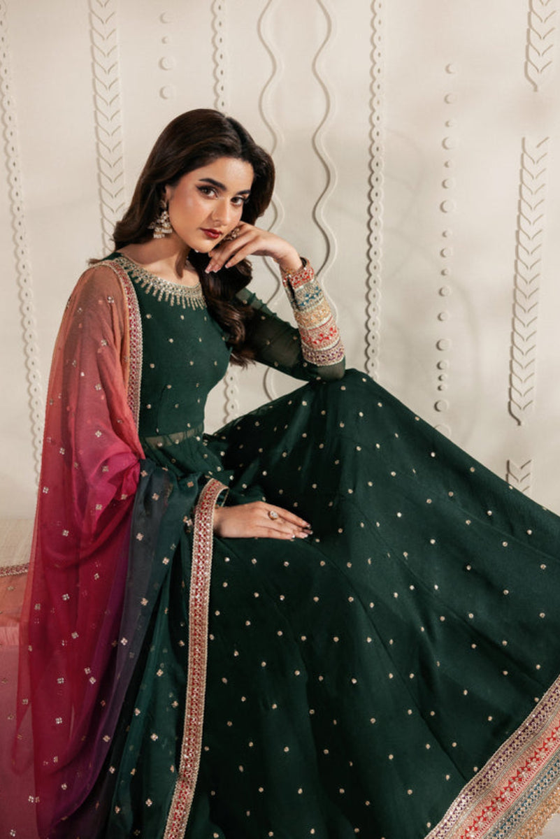 Emerald green Bridal Maxi  Chiffon & Malai with Heavy Zari Embroidery | Ready-to-Wear