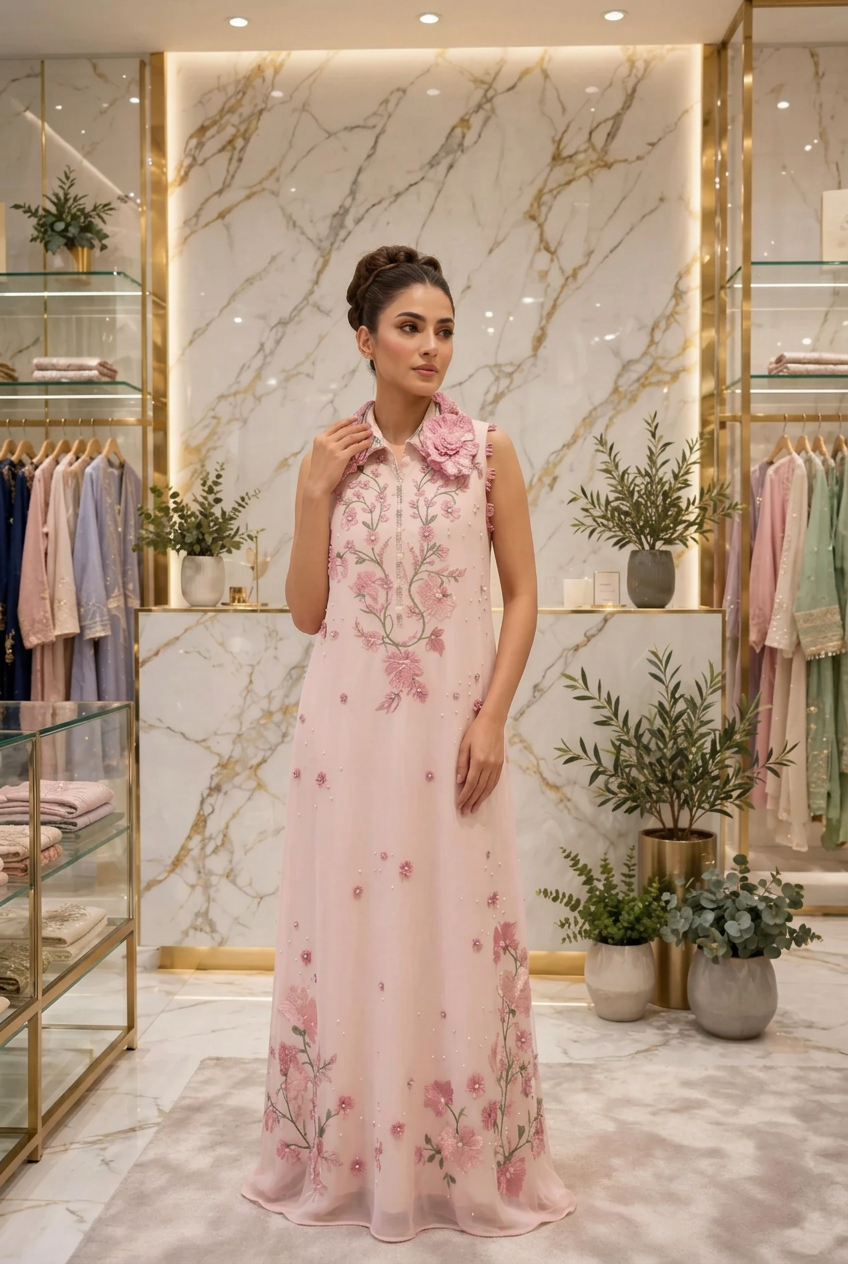Pink 3D Floral Embroidered Sleeveless Maxi Dress Ready to Wear