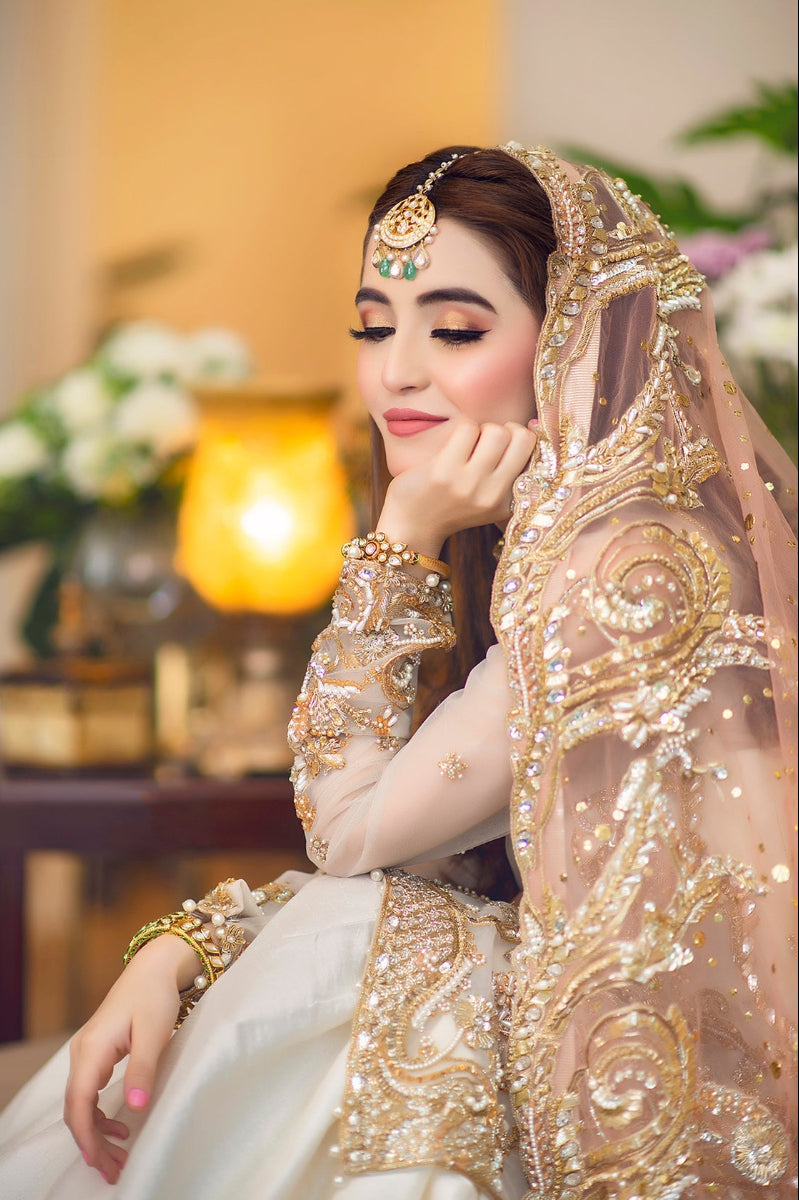 3-Piece Ivory Organza Suit with Peach Net Dupatta & Shamoz Silk Trouser | Ready to Wear