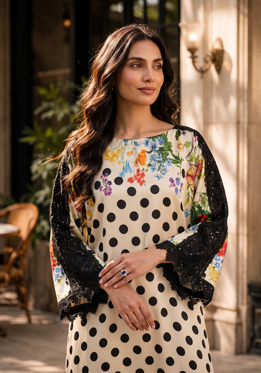 Ivory & Black Embroidered Shamoze Silk Ready to Wear 2-Piece Kaftan Suit