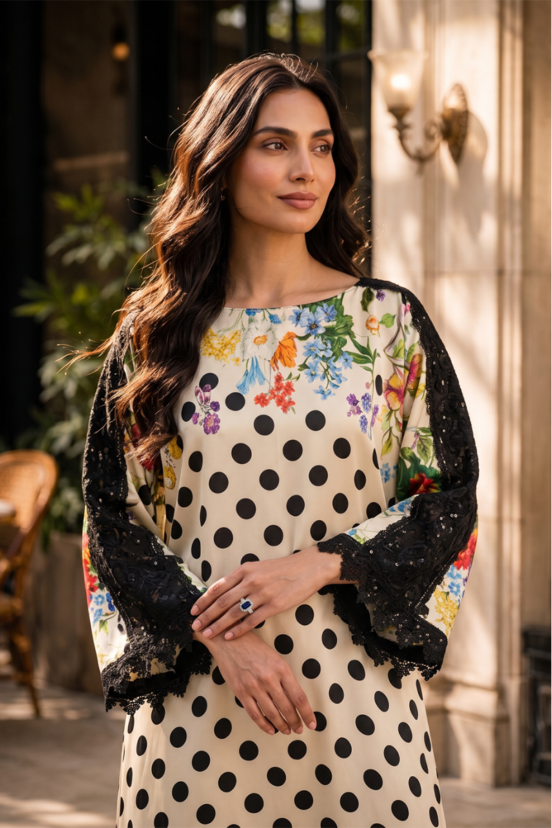 Off-White and Black Silk Polka Botanique Embroidered 2 piece suit | Ready to Wear
