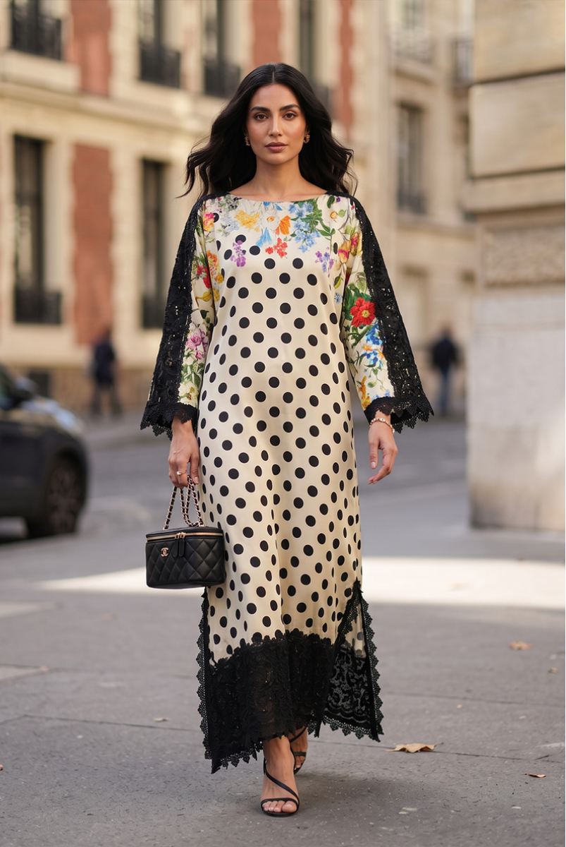Ivory & Black Embroidered Shamoze Silk Ready to Wear 2-Piece Kaftan Suit
