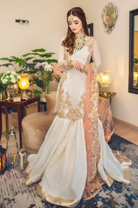 3-Piece Ivory Organza Suit with Peach Net Dupatta & Shamoz Silk Trouser | Ready to Wear