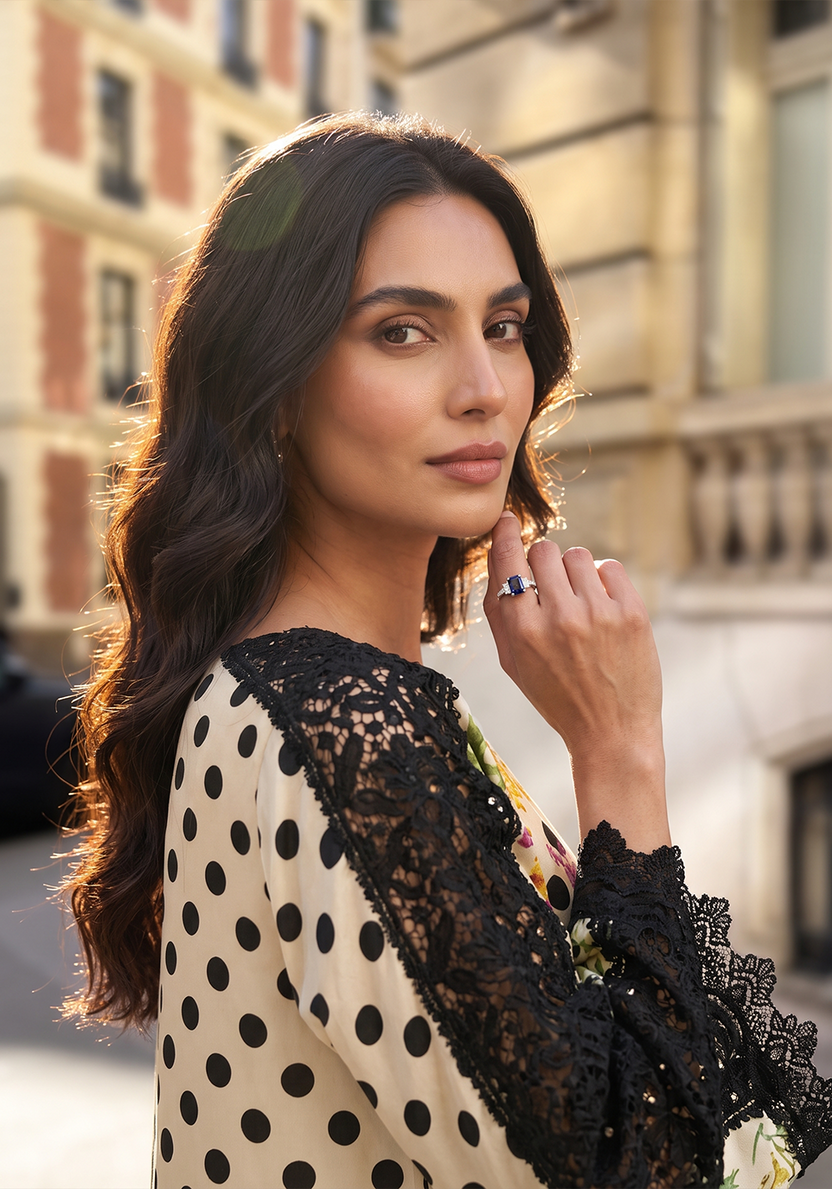 Ivory & Black Embroidered Shamoze Silk Ready to Wear 2-Piece Kaftan Suit