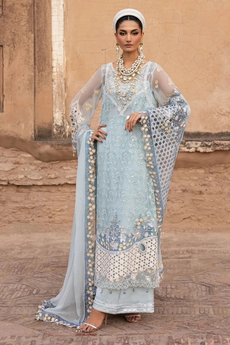Powder Blue & Ivory Accent: Embroidered Chiffon Suit | Ready To Wear
