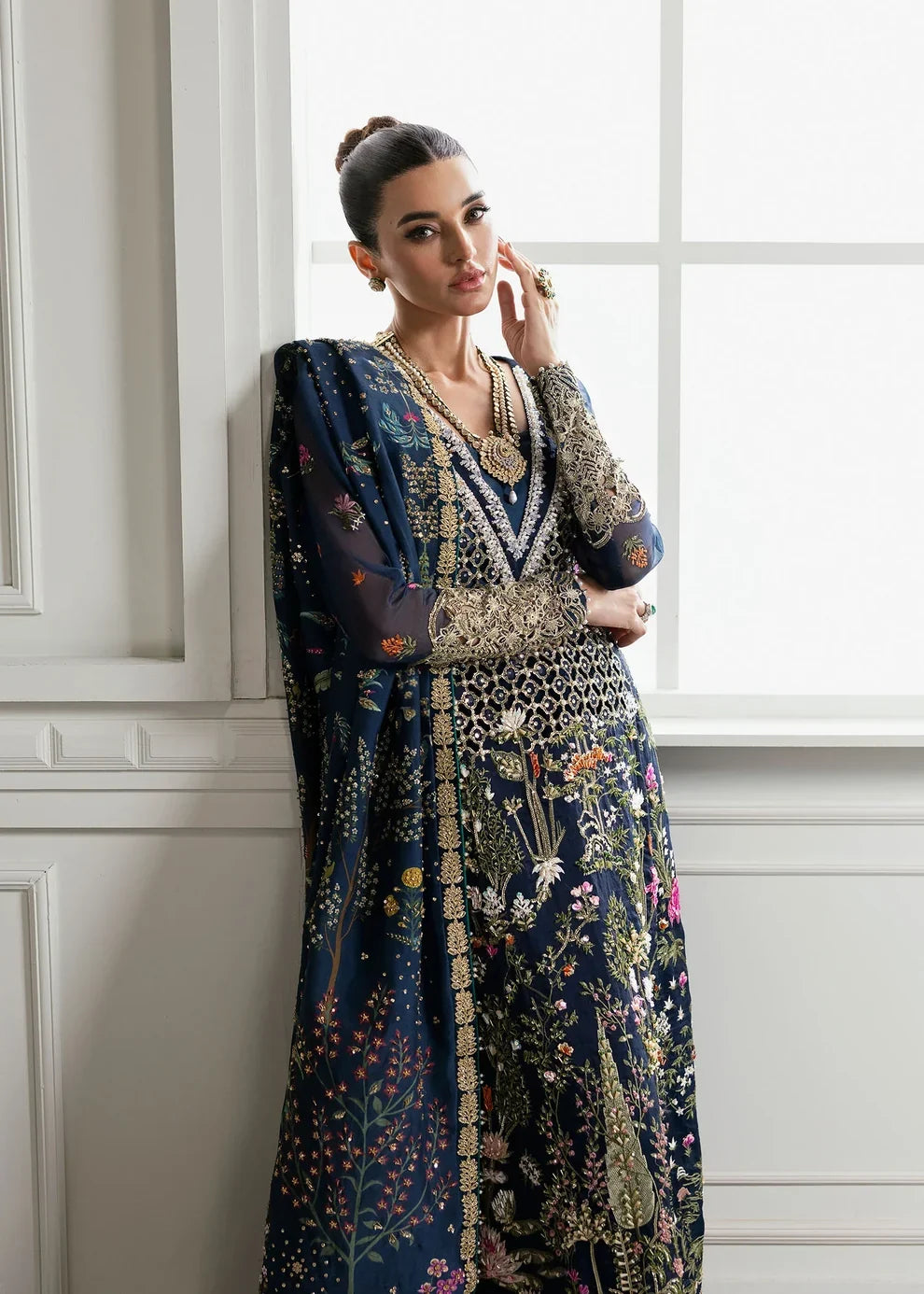 Midnight Navy & Gold: Embroidered Organza Long Shirt | Ready To Wear