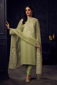 Pistachio Green Semi Pure Chiffon 3-Piece Embroidered Suit | Ready to Wear