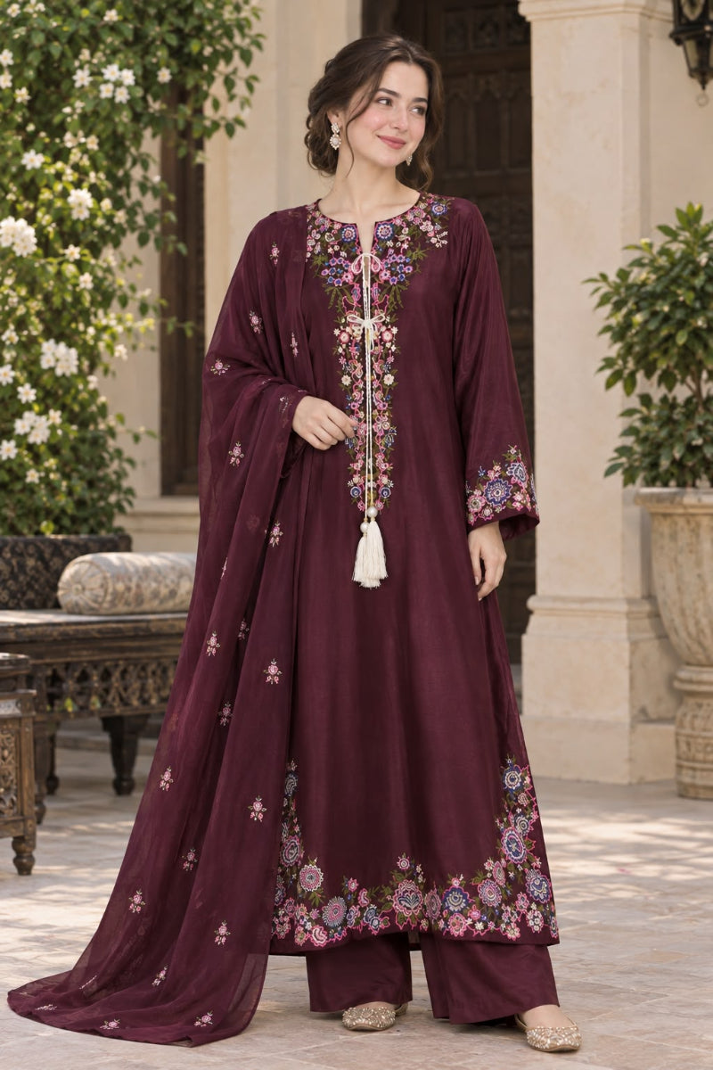 Plum / Deep Maroon  Luxury Shamoz Silk Embroidered 3-Piece Suit | Ready to Wear