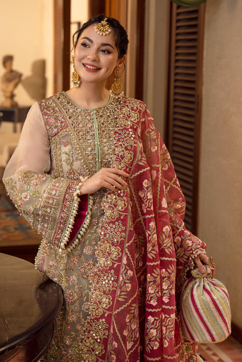 Sage Green & Crimson Organza 3-Piece Heavy Embroidered Suit | Ready to Wear