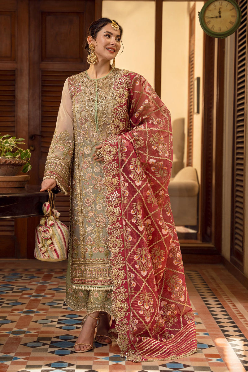 Sage Green & Crimson Organza 3-Piece Heavy Embroidered Suit | Ready to Wear