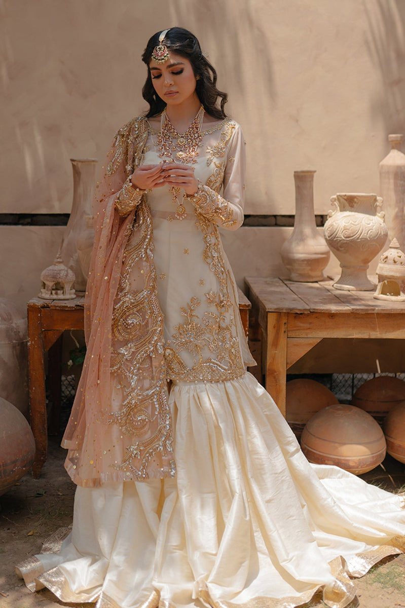 3-Piece Ivory Organza Suit with Peach Net Dupatta & Shamoz Silk Trouser | Ready to Wear
