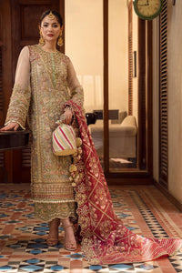 Sage Green & Crimson Organza 3-Piece Heavy Embroidered Suit | Ready to Wear
