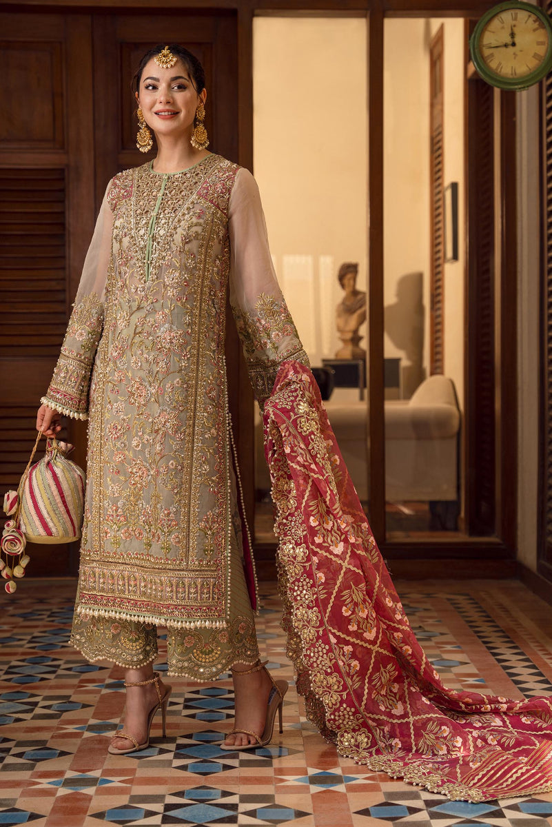 Sage Green & Crimson Organza 3-Piece Heavy Embroidered Suit | Ready to Wear