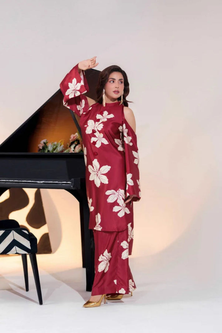 Satin Silk 3-Piece Printed Suit with Shamooz Silk Shawl | Ready to Wear