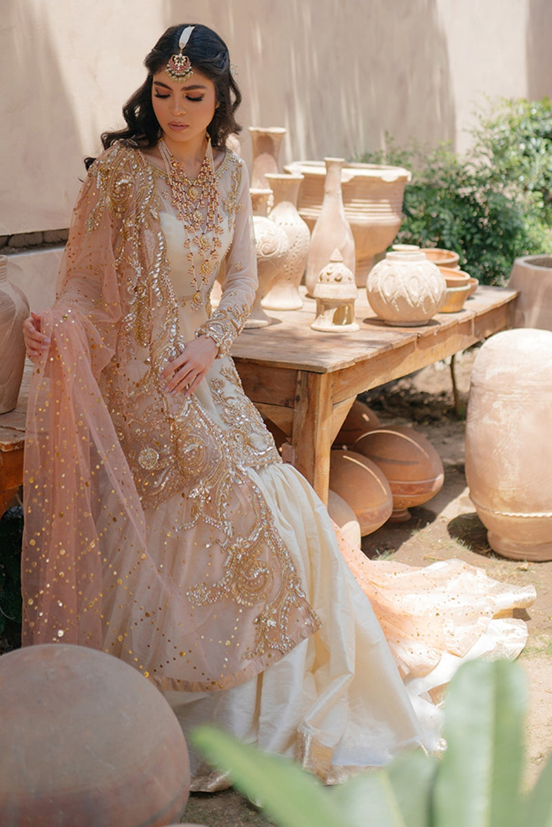 3-Piece Ivory Organza Suit with Peach Net Dupatta & Shamoz Silk Trouser | Ready to Wear