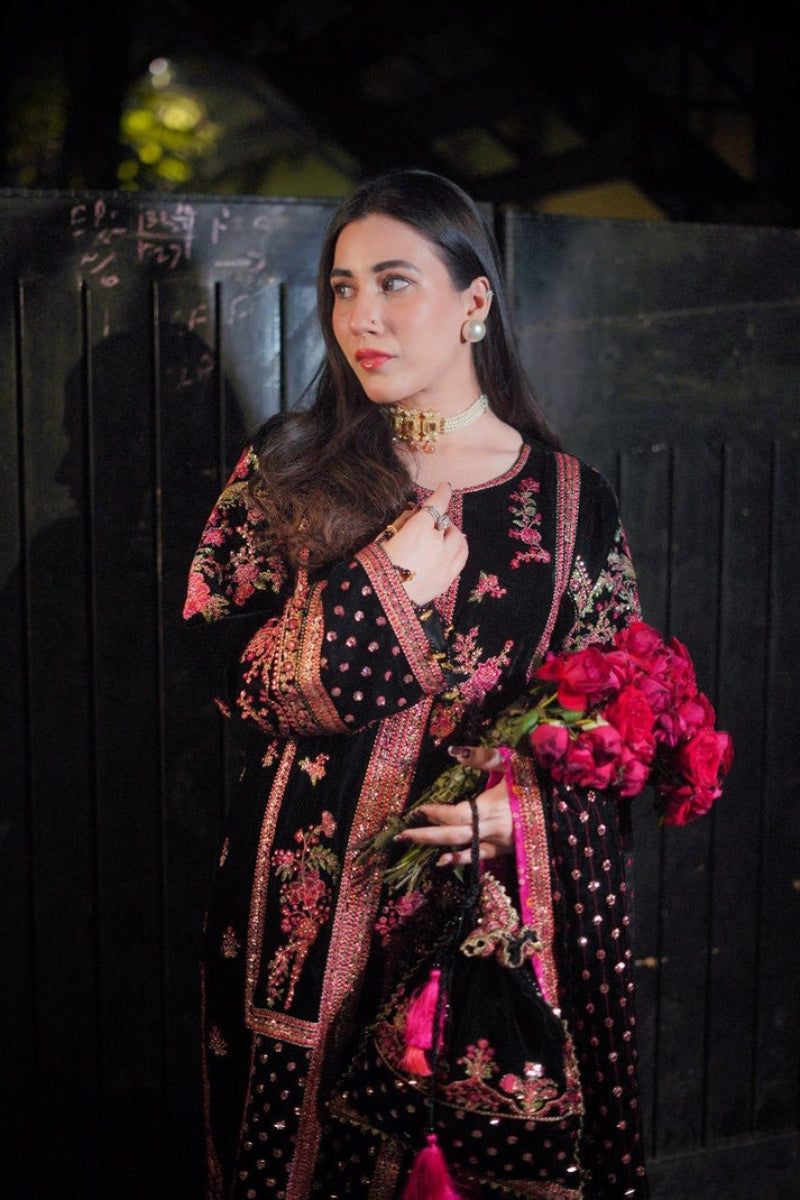 Black Black Velvet Heavy Embroidered 3-Piece Suit | Ready to Wear