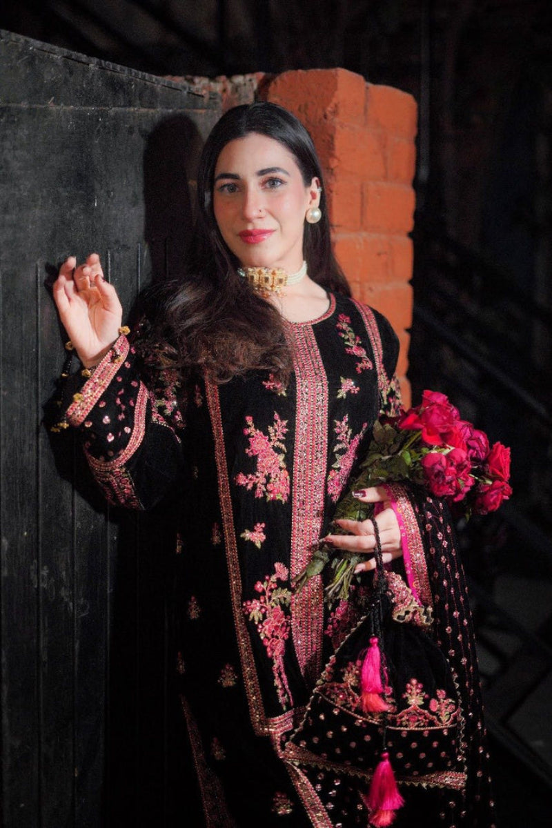 Black Black Velvet Heavy Embroidered 3-Piece Suit | Ready to Wear
