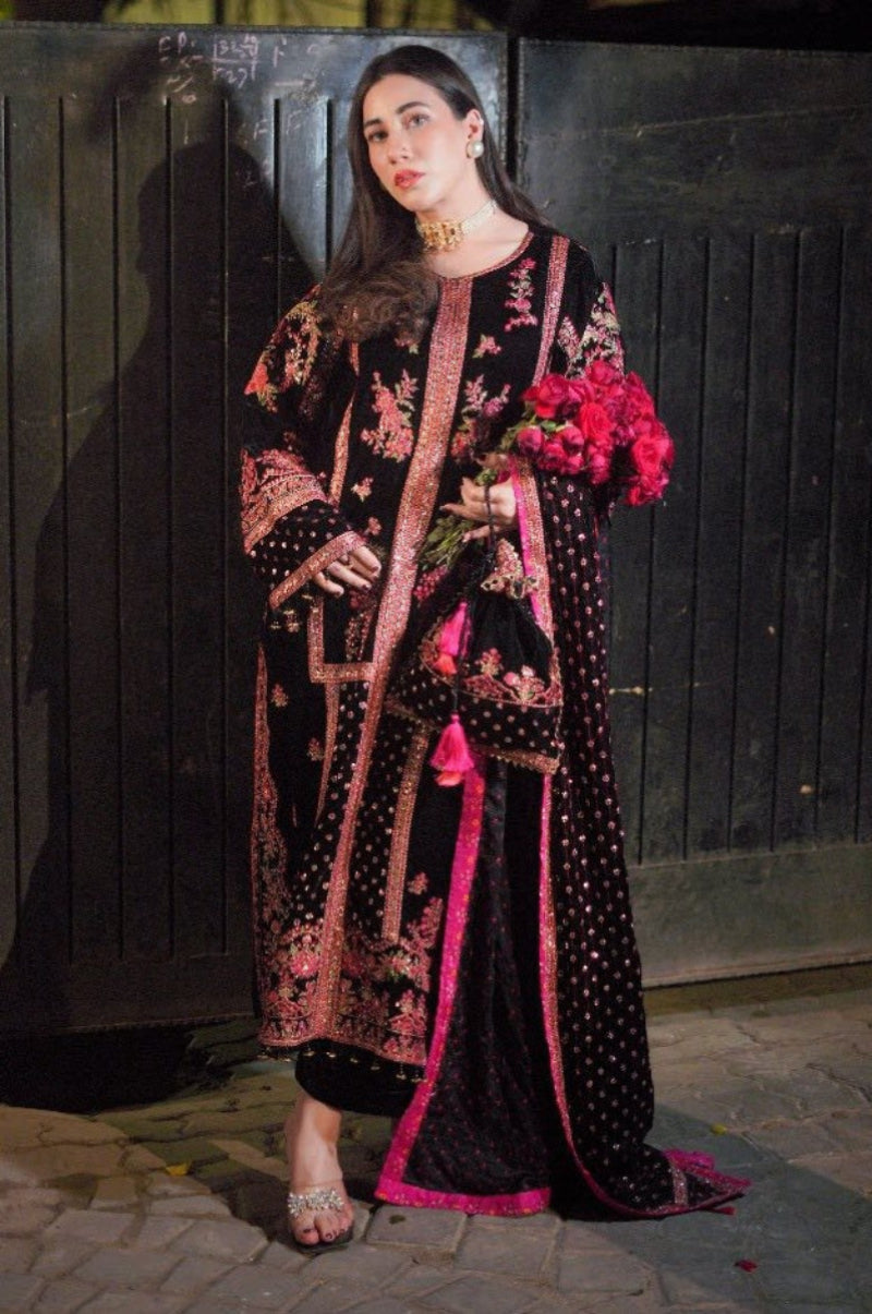 Black Black Velvet Heavy Embroidered 3-Piece Suit | Ready to Wear