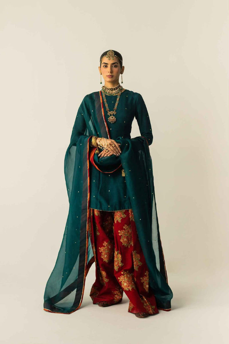 Emerald Green Semi Pure Chiffon Embroidered 3-Piece suit | Ready to Wear